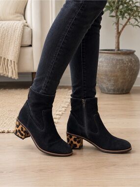 Crevo Black Suede Ankle Boots with Leopard-Print Block Heel